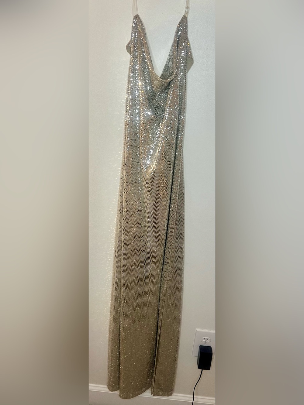 Bebe Silver Sequin Maxi Dress NWT Gold Underlay Glam Evening Gown Size M